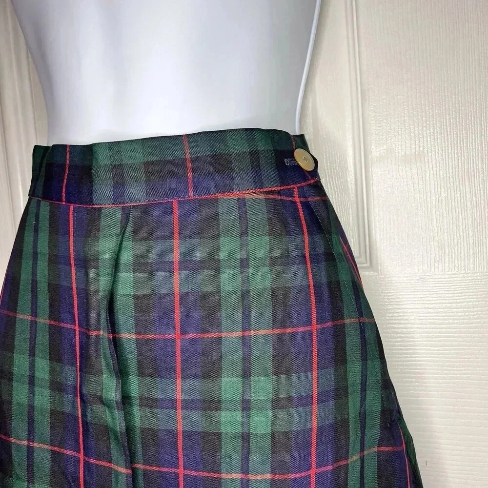 Vintage Blue Plaid‎ Handmade Pleated Skirt Waist 24 Academia Holiday Old Money